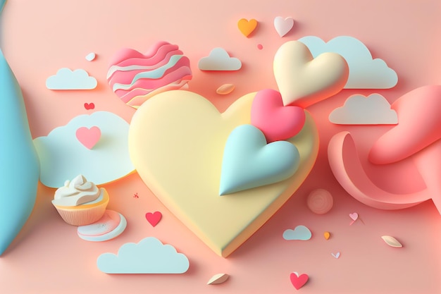 Tarjeta de felicitación de vacaciones para el día de San Valentín con fondo pastel Amor concepto de San Valentín 3d render