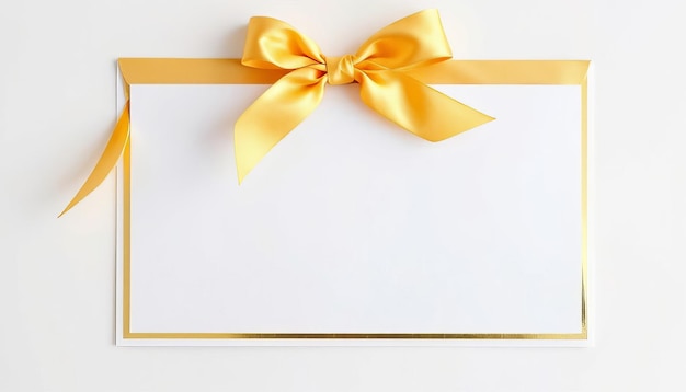 una tarjeta de felicitación vacía con un arco de satén amarillo y bordes dorados en un fondo blanco