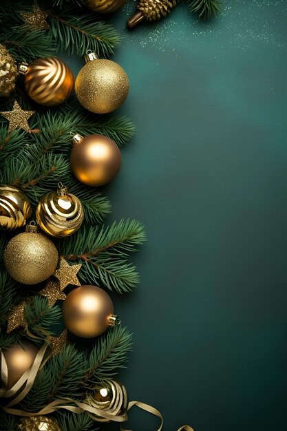 Tarjeta de felicitación vertical de navidad con bolas de cristal verde y dorado ramas de hoja perenne en verde