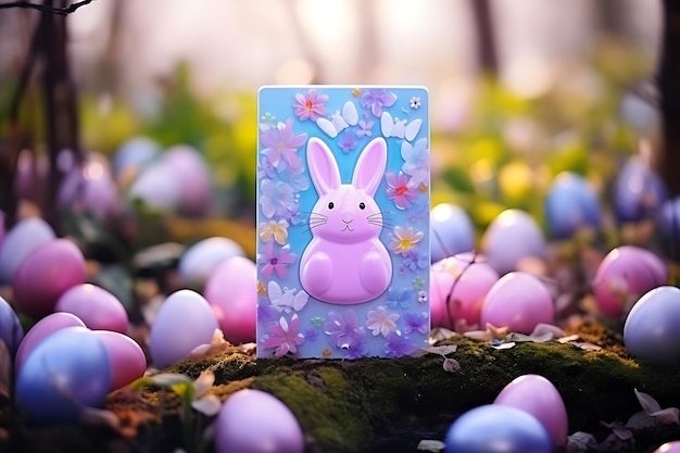 Tarjeta de felicitación vertical para Pascua con huevos y orejas de conejo