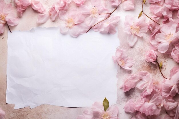Una tarjeta de felicitaciones de papel angustiado con hermosas flores rosadas de primavera Modelo de tarjeta de regalo para el día de San Valentín, boda o cumpleaños