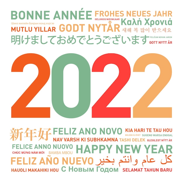 Tarjeta de feliz año nuevo 2022 del mundo en diferentes idiomas
