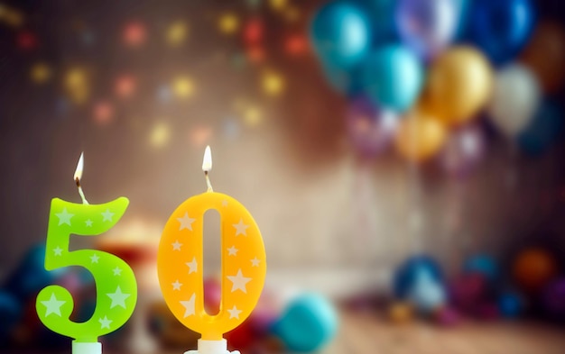 Tarjeta del feliz cumpleaños con número de velas contra el fondo festivo con globos y pastel de cumpleaños co