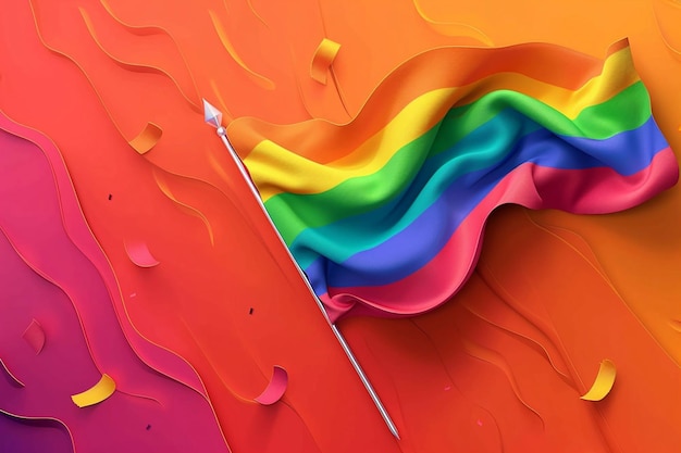 La tarjeta del feliz día del orgullo presenta una bandera arco iris ilustración vectorial abstracta en 3D