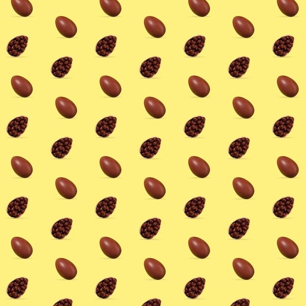 Tarjeta de feliz Pascua celebrando o saludando. Huevos de chocolate sobre fondo amarillo. Obra de arte moderna, papel tapiz brillante, fondo, patrón para su dispositivo, diseño o publicidad. concepto. Búsqueda de huevos.