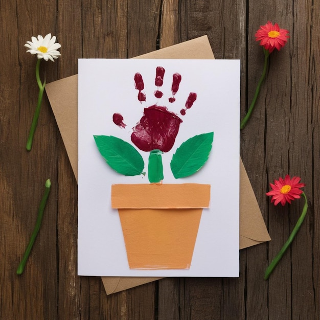 Foto una tarjeta con una flor y una huella de mano en ella