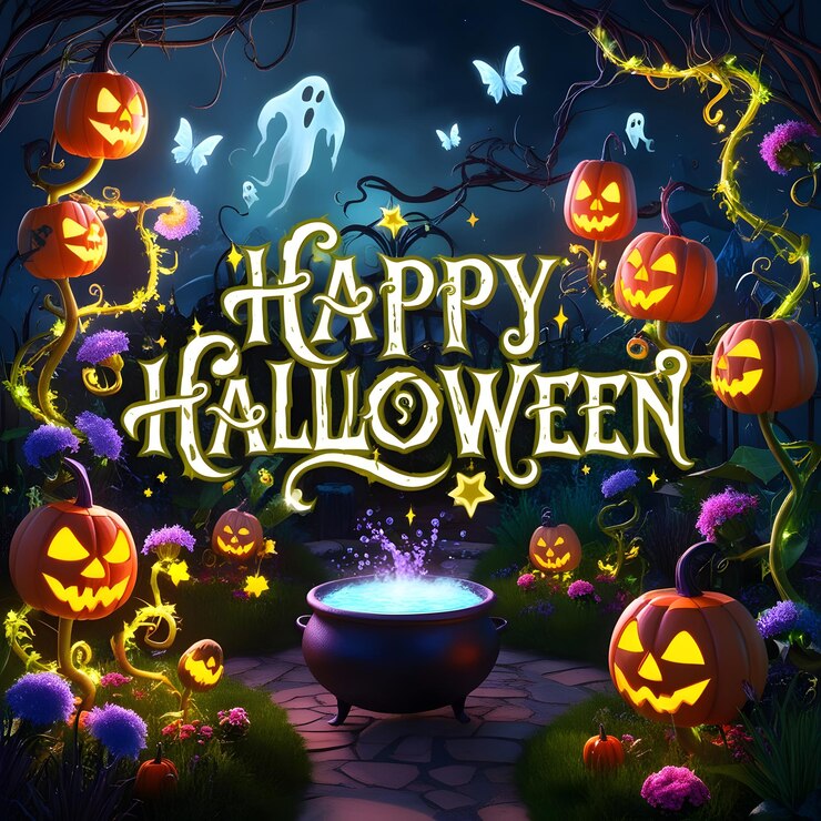 una tarjeta de Halloween con una calabaza y un espeluznante espeluznantespeluznantes