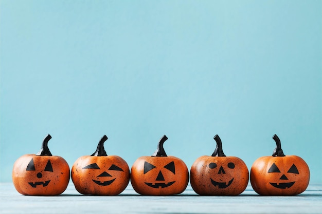 Tarjeta de Halloween con divertidas cabezas de calabaza sobre fondo turquesa