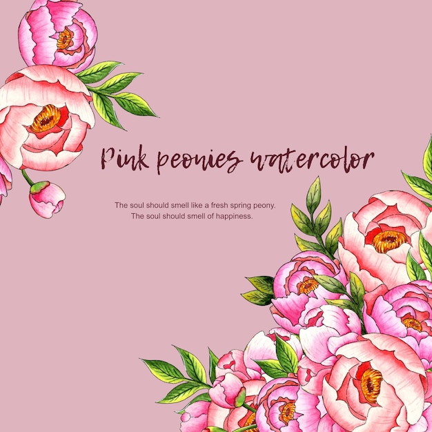 Tarjeta de ilustración de acuarela con brotes de peonías rosas hojas y texto Composición botánica en un fondo rosado polvoriento Gran patrón para decoración papelería invitaciones de boda pancartas tarjetas volante