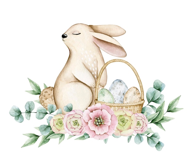 Tarjeta de ilustración acuarela con conejito de Pascua, eucalipto, rosas, huevos. aislado en blanco