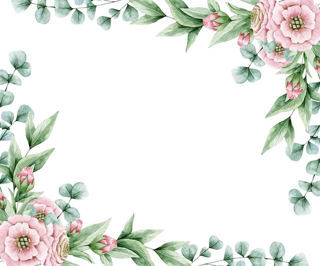 Tarjeta de ilustración acuarela con hojas de eucalipto, marco de flores rosas. aislado en blanco