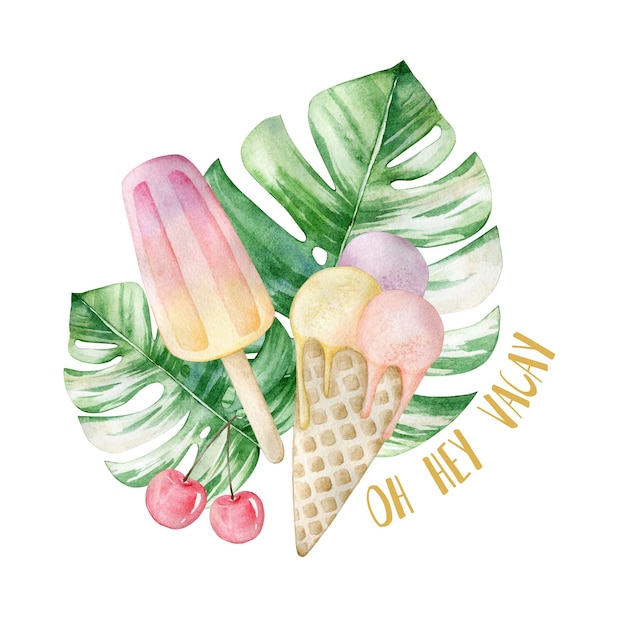 Tarjeta de ilustración de acuarela oh hey vacay con cereza de helado monstera aislado en blanco