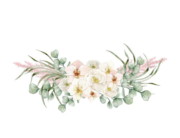 Tarjeta de ilustración acuarela con ramo de flores eucalipto ranunculus hierba de pampa