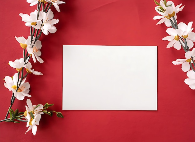 Tarjeta de invitación en blanco o modelo de marco plano y rama de flor artificial en textura roja