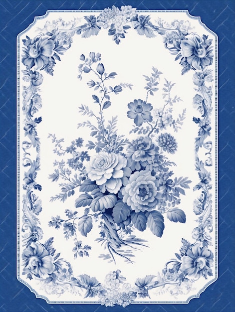 Tarjeta de invitación de boda francesa Toile floral azul con un espacio vacío para escribir un saludo