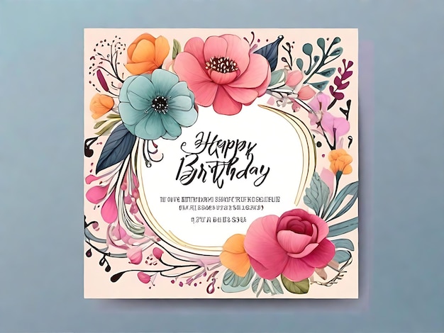 Foto tarjeta de invitación dibujada a mano de blooming birthday bash con flores alegres