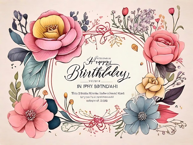 Tarjeta de invitación dibujada a mano de Blooming Birthday Bash con flores alegres