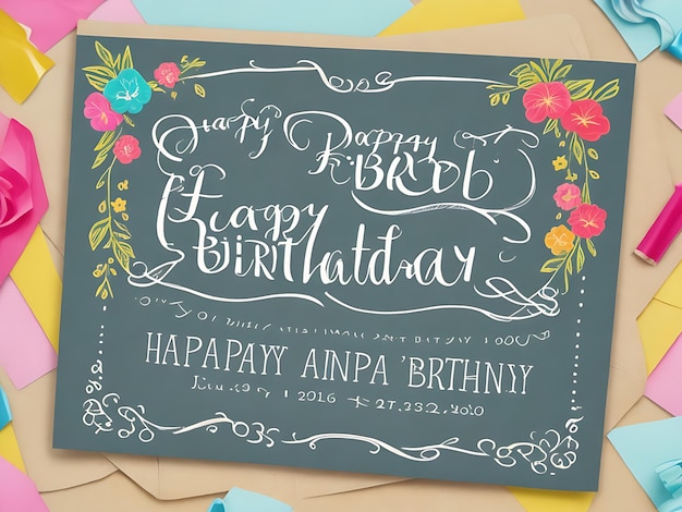 Foto tarjeta de invitación dibujada a mano de blooming birthday bash con flores alegres