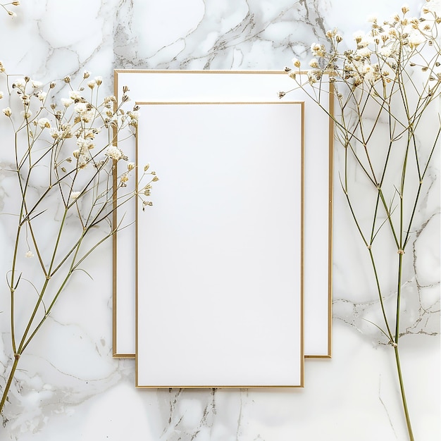 tarjeta de invitación con flores en los lados con fondo de mármol
