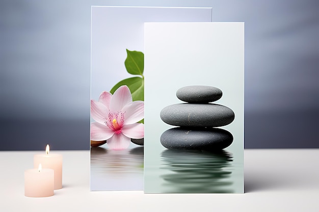 Tarjeta de invitación o saludo Zen o spa con una composición cautivadora, tranquilidad y paz.