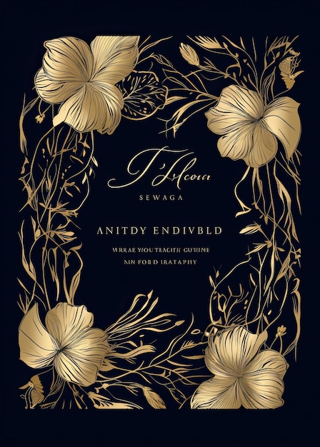 Tarjeta de invitación vintage con flores doradas en fondo oscuro Ilustración vectorial