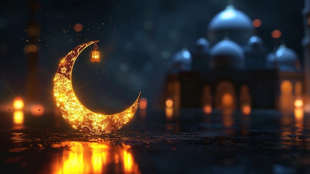 Tarjeta islámica de Eid mubarak con una elegante luna creciente