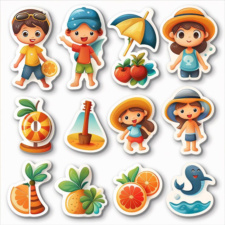 Foto tarjeta de juego de pegatinas de dibujos animados de playa de verano