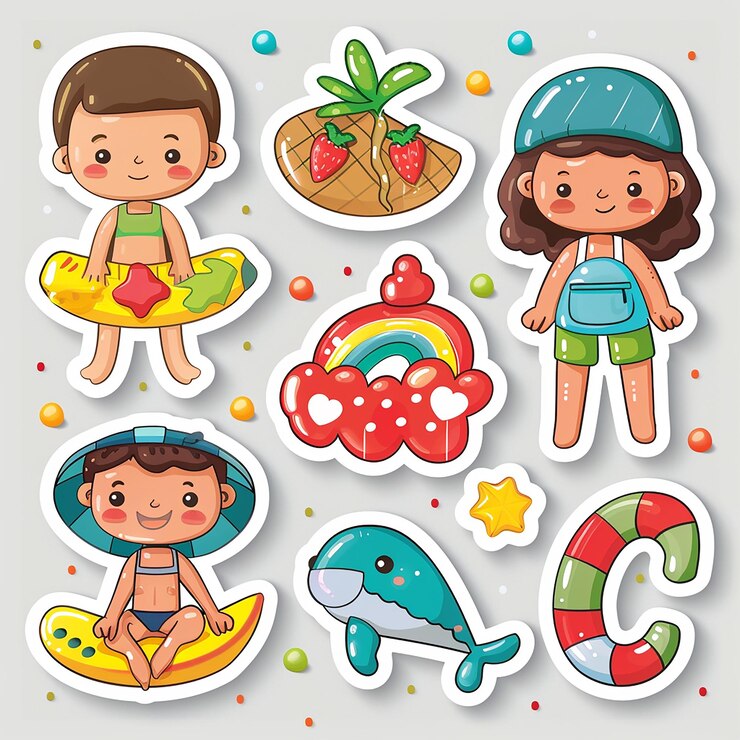 Foto tarjeta de juego de pegatinas de dibujos animados de playa de verano