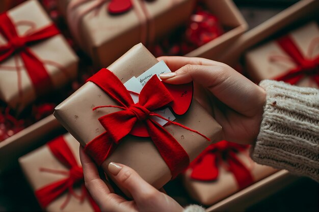 Tarjeta en la mano con cajas de regalo de corazón rojo