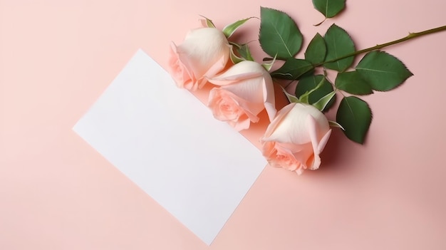 Tarjeta de maqueta blanca con flor de rosa Ilustración AI GenerativexA