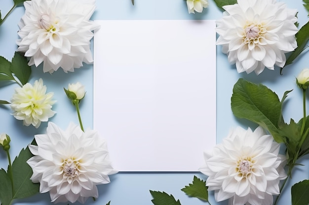 Tarjeta de maquillaje con flores de composición blanca sobre el fondo azul