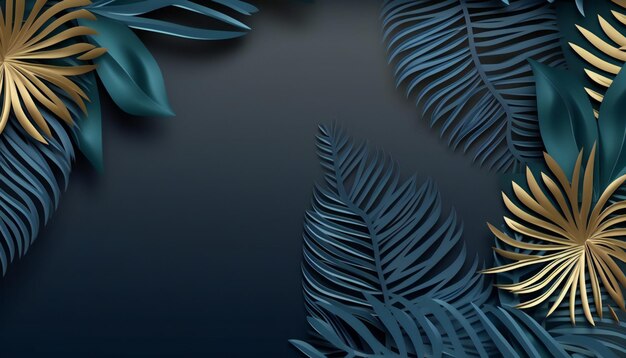 Tarjeta de marco de fondo de lujo exótico Hojas de palma verde azul y doradas tropicales Generativo ai