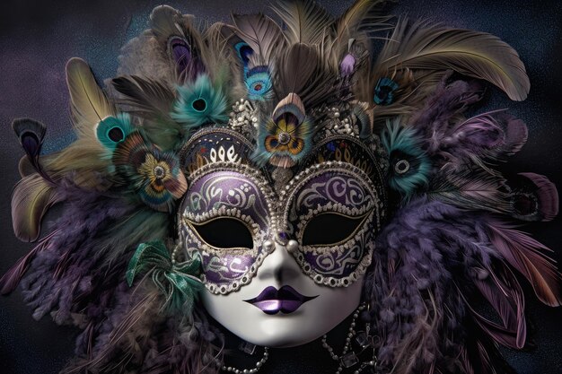 Tarjeta Mardi Gras con una hermosa máscara con plumas y cuentas creadas con ai generativo