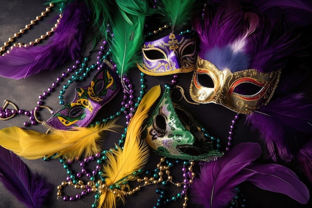 Tarjeta de mardi gras con máscaras, boas de plumas y cuentas creadas con ai generativo.