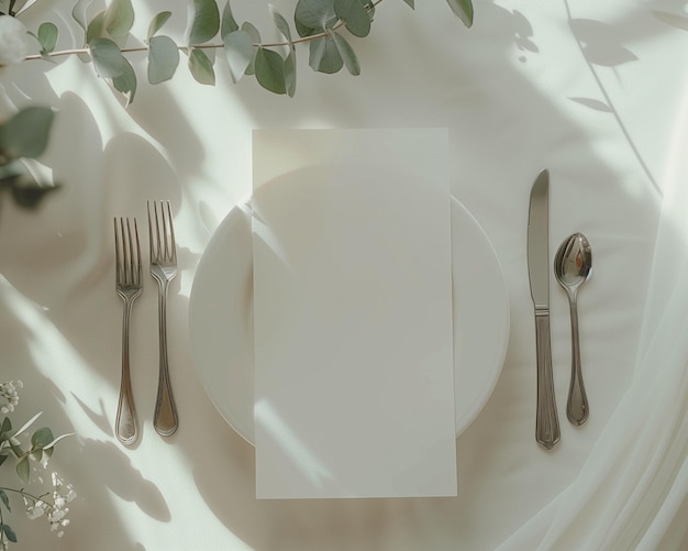 Tarjeta de menú en blanco sobre un plato neutro y un fondo verde