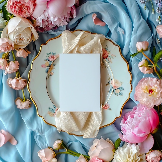 Tarjeta de menú de boda en una maqueta de plato vintage con fondo floral