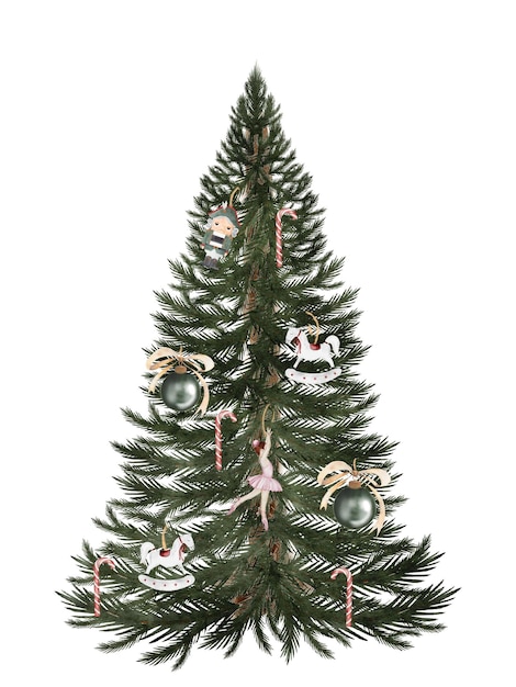 Tarjeta de Navidad acuarela dibujada a mano árbol de hoja perenne vintage con con juguetes vintage un cascanueces un