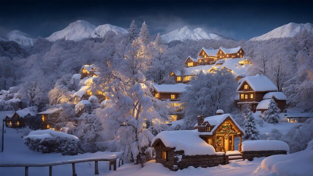 Foto tarjeta de navidad aldea de navidad con nieve encantadora