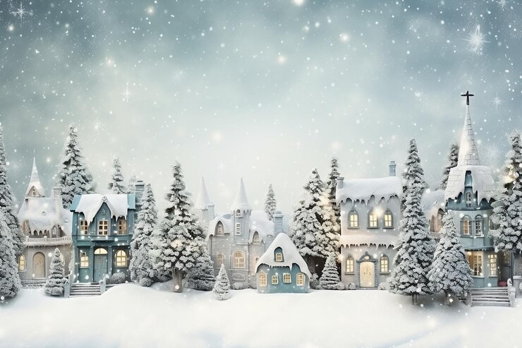 Tarjeta de Navidad con aldea navideña con nieve en estilo vintage generada por la IA