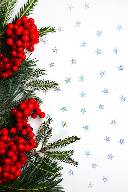 Tarjeta de Navidad y año nuevo Árbol de Navidad verde y pino con bayas de serbal rojo sobre un fondo blanco