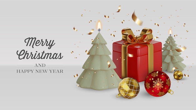 una tarjeta de Navidad con un árbol de Navidad y regalos