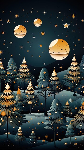 una tarjeta de Navidad con un bosque y árboles con la luna y las estrellas