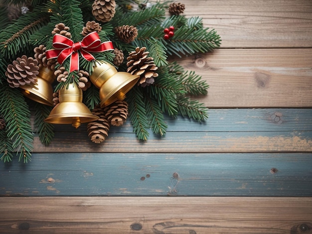 Tarjeta de Navidad con campanas doradas y copos de nieve de abeto verde.