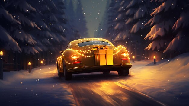Tarjeta de Navidad coche retro con un abeto y regalos