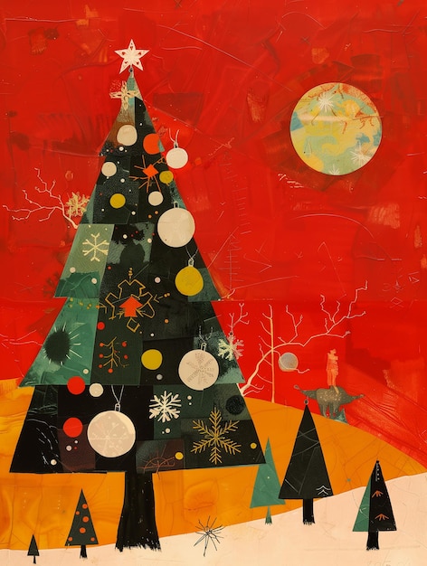 Tarjeta de Navidad dibujada por un niño Decoración de un árbol de Navidad Marco cuadrado Fondo rojo
