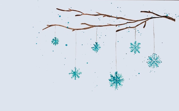 Tarjeta de navidad dibujo acuarela rama de árbol con copos de nieve sobre un fondo claro horizontal sin gente