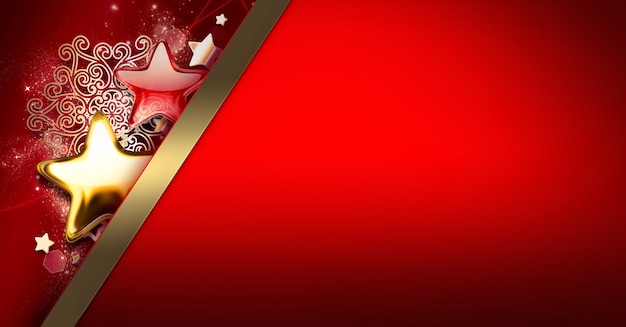 Tarjeta de navidad festiva con estrellas y brillo sobre un fondo rojo brillante