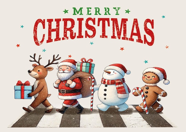 una tarjeta de Navidad con un grupo de muñecos de nieve y Papás Noel