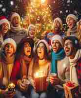 Foto una tarjeta de navidad con un grupo de personas en sombreros de papá noel y un árbol de navidad con un árbol de navidad iluminado detrás de ellos