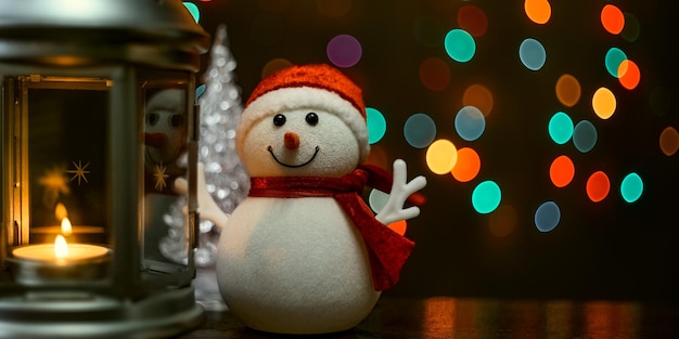 Tarjeta de Navidad un muñeco de nieve una linterna con velas y luces borrosas en el fondo